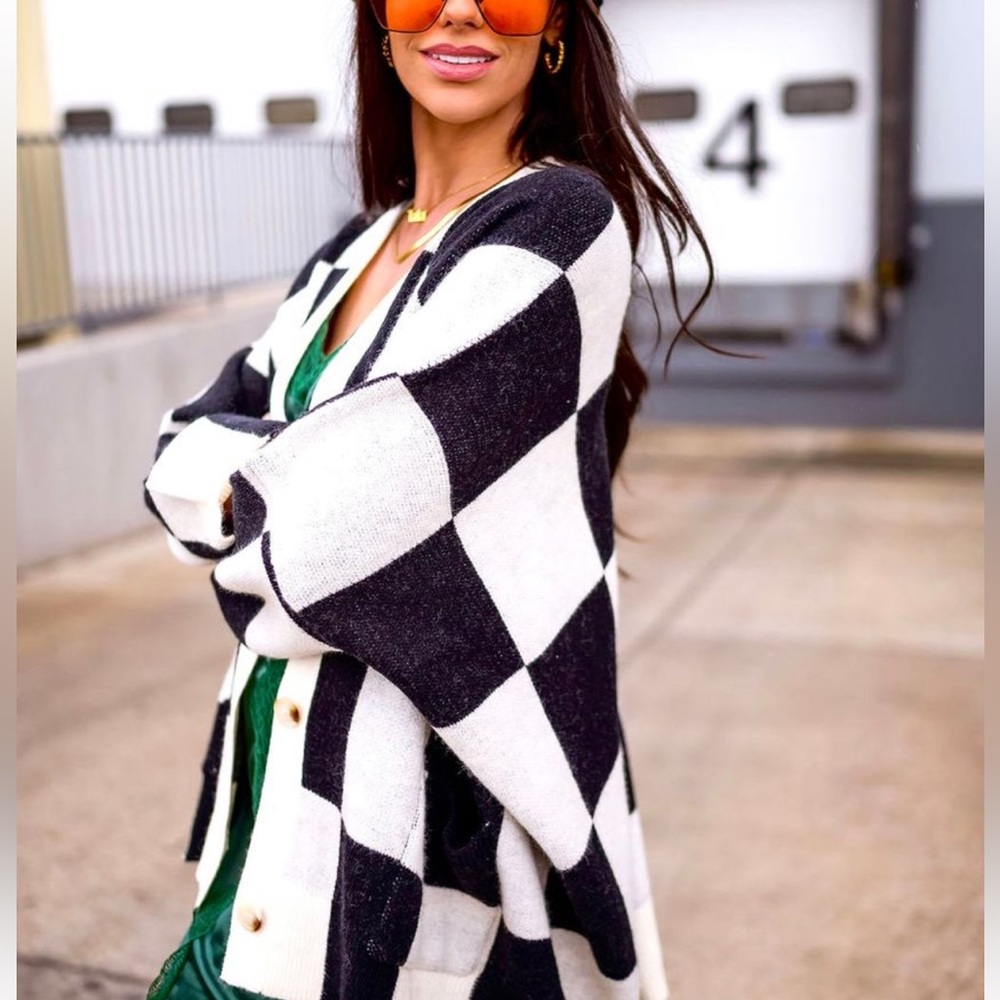 DRESSED IN LALA | love you checkerboard oversized cardi - Picture 2 of 3